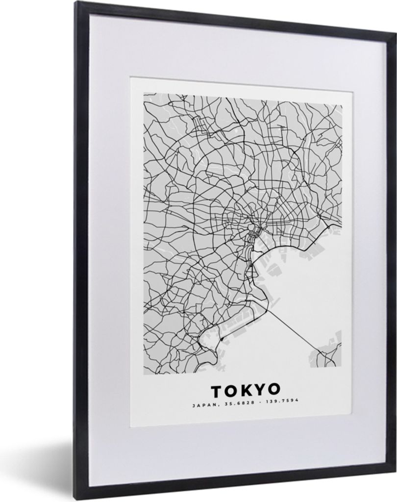 MuchoWow Gerahmtes Poster Tokio - Stadtplan - Schwarz und weiß - Karte 30x40 cm - Poster mit Schwarzem Bilderrahmen Wandposter Rahmen Foto Bilde...