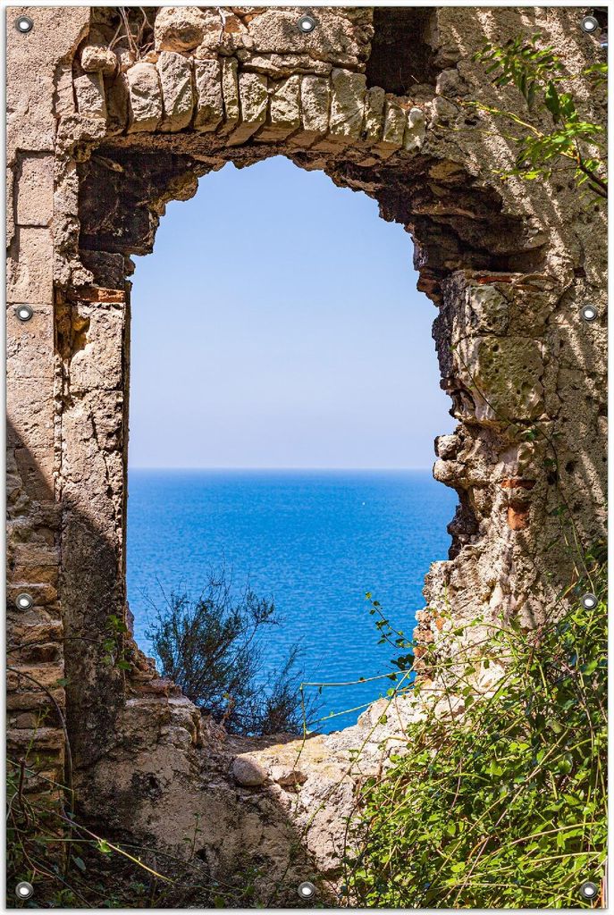 Wallario Outdoor-Poster für Garten oder Balkon, Motiv Felsenblick aufs Meer, in ca. 100 x 150 cm