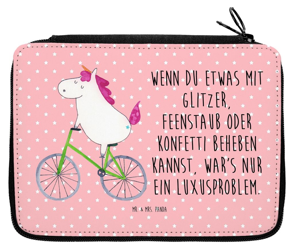 Mr. & Mrs. Panda Schlampermäppchen Einhorn Radfahrer - Rot Pastell - Geschenk, Kummer, Unicorn, Federtasche, Federmäppchen, Schreibmappe, Einhör...