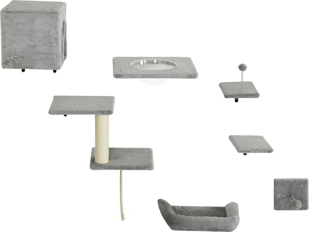 Kletterwand Katzen 7-teilig Katzen Kletterwand Set mit Katzenhaus, Plattform, Plattform Grau