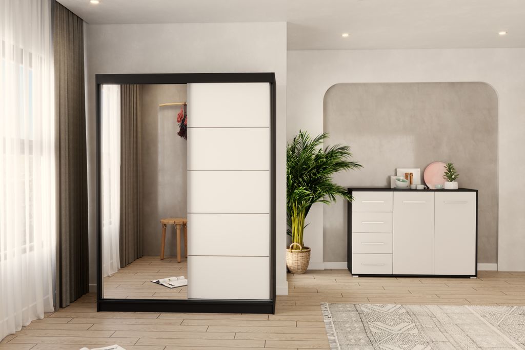 2er-Set Schwebetürenschrank Schrank Kleiderschrank mit Spiegel Schwarz/Weiß 150cm Vista 05 mit Kommode 135cm FRIDA 01