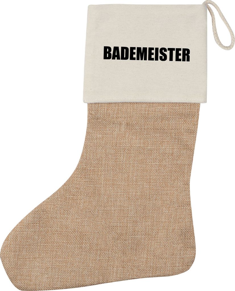 Huuraa Weihnachtsstrumpf Bademeister Schriftzug Beige Jute Kaminstrumpf Geschenkidee