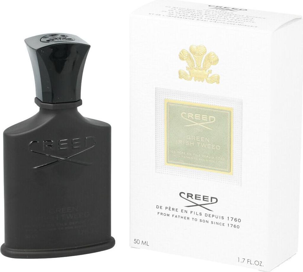 A black bottle of Creed Green Irish Tweed Eau de Parfum and its white packaging are displayed side-by-side against a white background.
