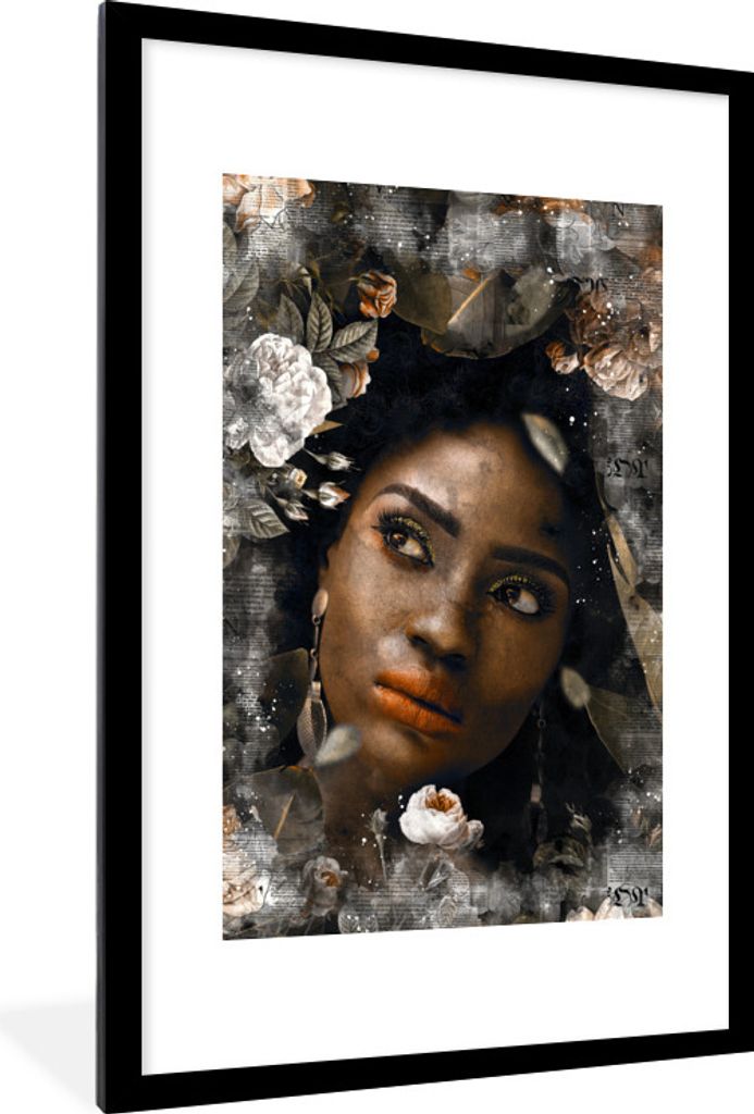 MuchoWow MuchoWow Gerahmtes Poster Frau - Blumen - Zeitung 60x90 cm - Poster mit zchwarzem Bilderrahmen - Dekoration - Wandposter Wohnzimmer - ...