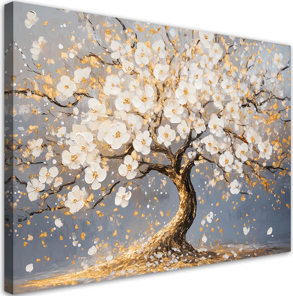 Leinwandbild Goldener Baum mit weißen Blumen 60x40 Feeby Weiß bild für die wand bereit zum aufhängen