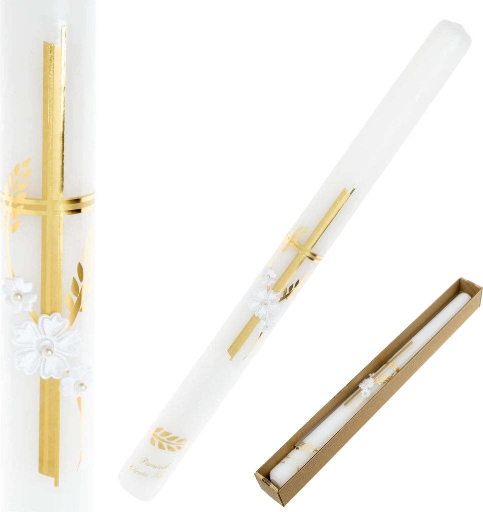Candela battesimale con croce dorata, fiori bianchi e perle Immagine del prodotto 