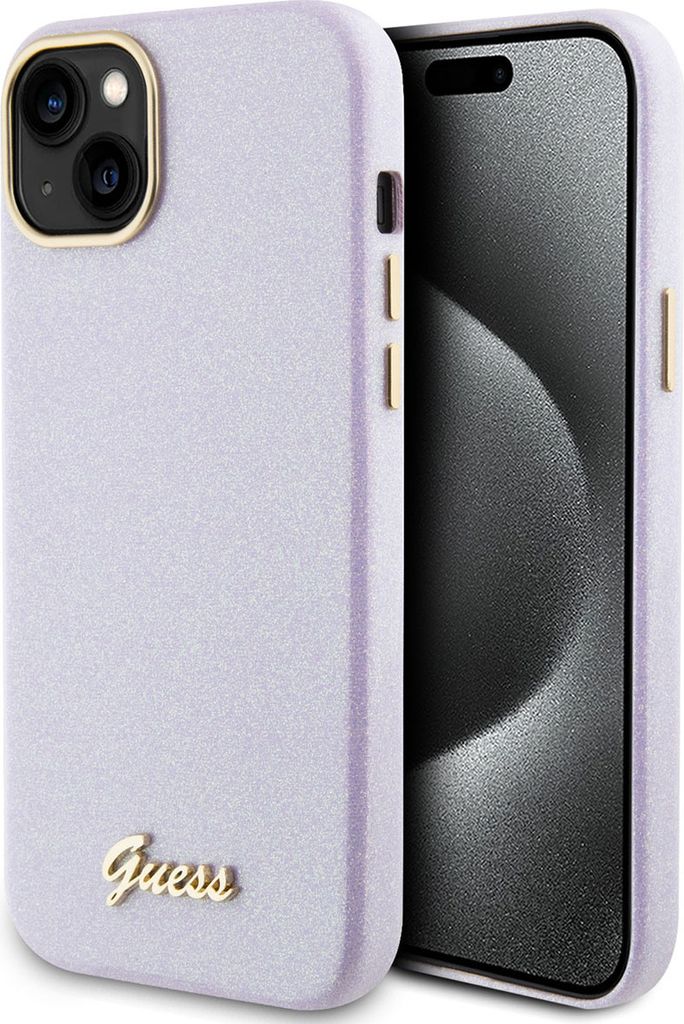 Guess iPhone 15 & 14 Plus TPU Back Cover - Glitter Glossy Script - Pink