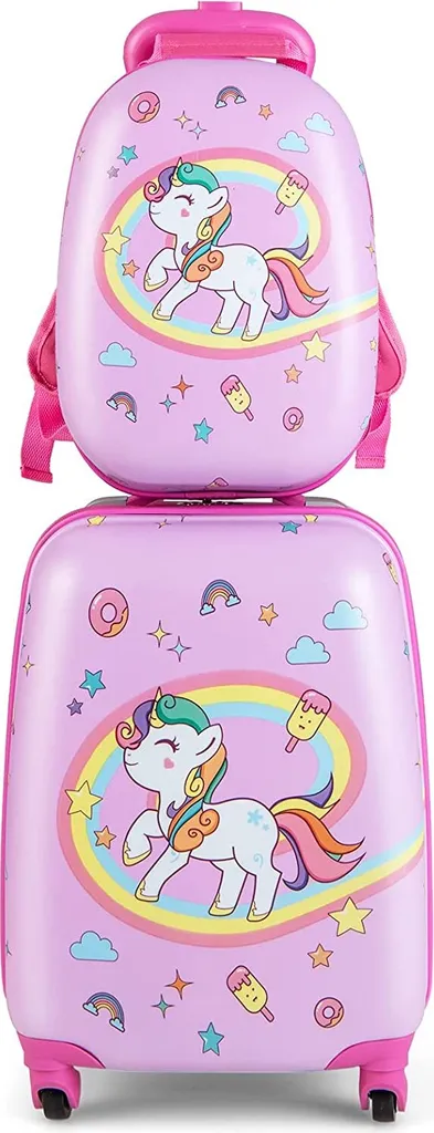 Set Viaggio COSTWAY Rosa: Valigia e Zaino per Piccole Avventure
