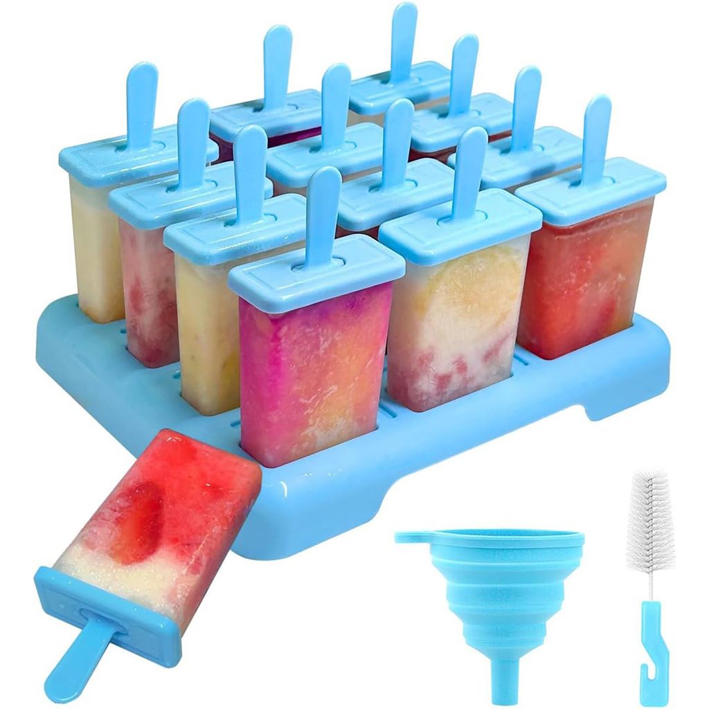 12 Stück wiederverwendbare Eisformen – BPA-frei, mit Reinigungsbürste & Silikontrichter, DIY Eis am Stiel (Blau)