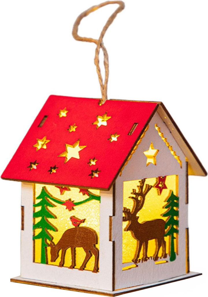 Weihnachtsdeko aus Holz mit LED-Beleuchtung: 3D-geschnitzter Stern/Dorfhaus/Glocke/Geschenkbox als hängender Anhänger für den Weihnachtsbaum.