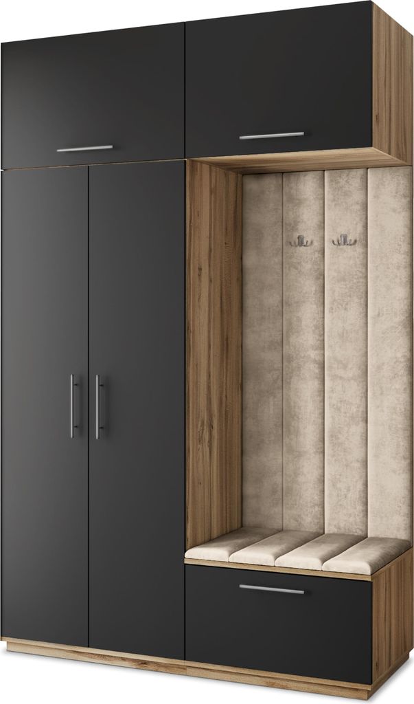 Masseno Garderobe-Set REMA 150/240/60 cm Modern Garderobenschrank Eiche Wotan, Veloursstoff MONOLITH 04 (Beige)
