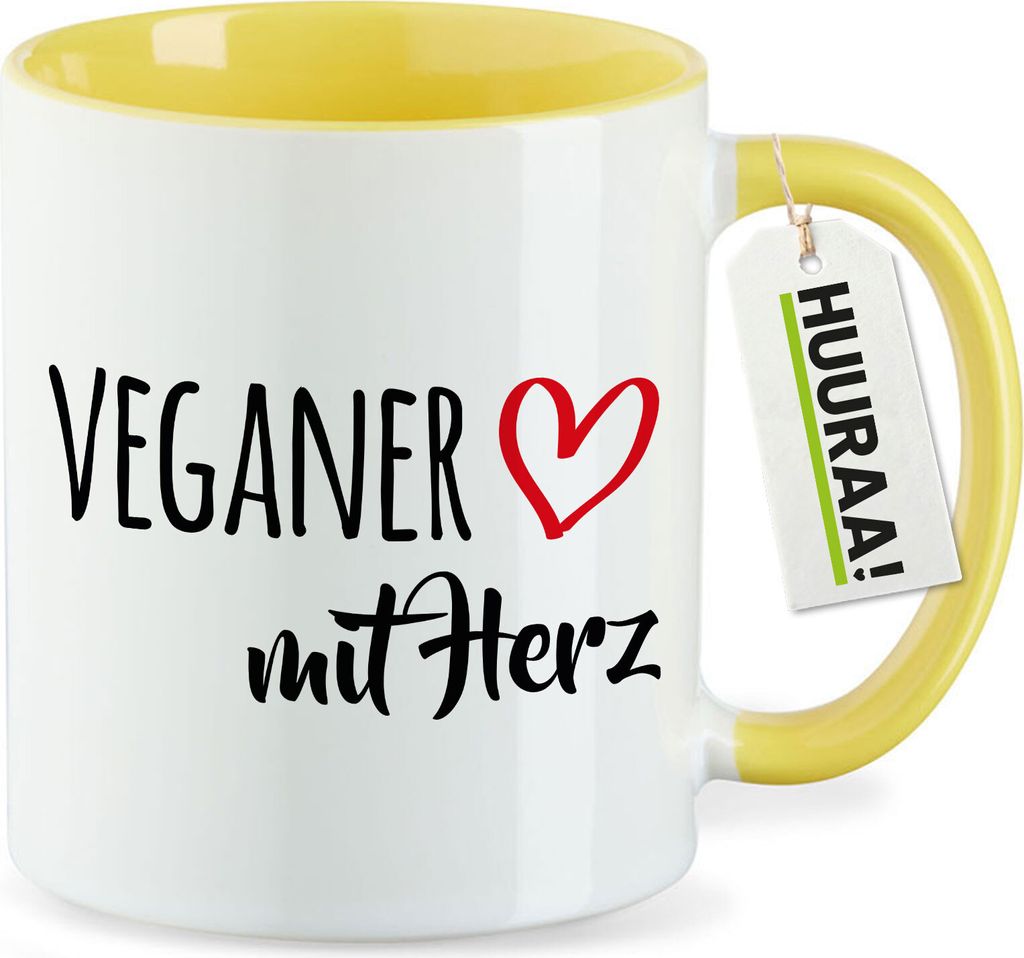 Huuraa Kaffeetasse Veganer mit Herz 330ml Gelb Keramik Kaffeebecher Geschenkidee