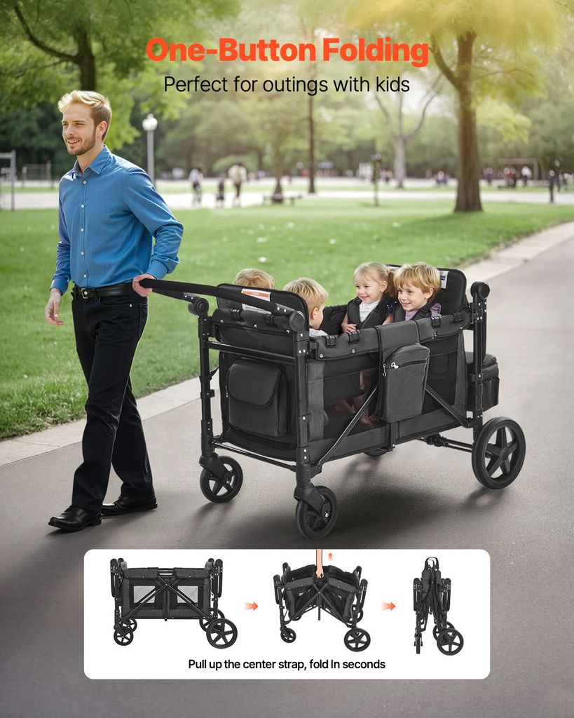 Poussette pour 4 enfants, poussette de voyage biplace avec Image du produit 