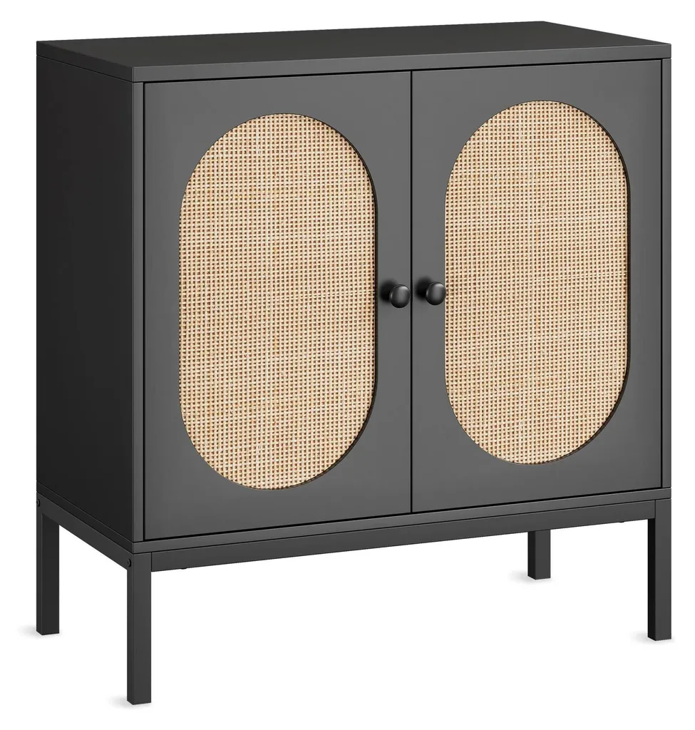 Commode de rangement en bois et rotin vert à deux portes - Série LÉA