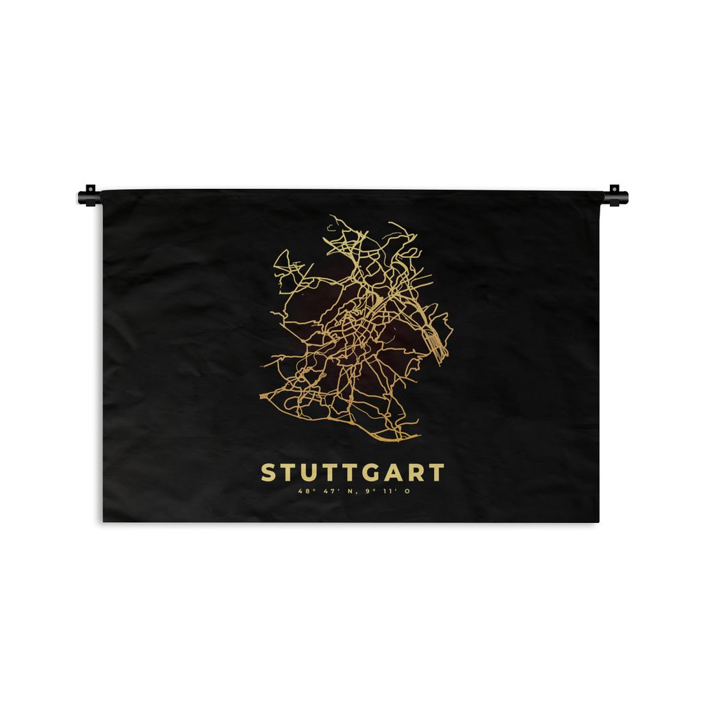 MuchoWow Wandteppich Wandbehang Stuttgart - Schwarz-Gold - Karte - Stadtplan 90x60 cm Tapisserie Dekoration Wandtuch - Wandskulpturen - Bildteppich