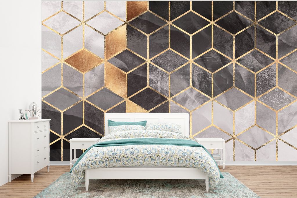 MuchoWow Fototapete für Wohnzimmer oder Schlafzimmer Wandtapete Vinyl Motivtapete Abstrakt - Würfel - Gold - Muster - Schwarz - Weiß - 320x240...