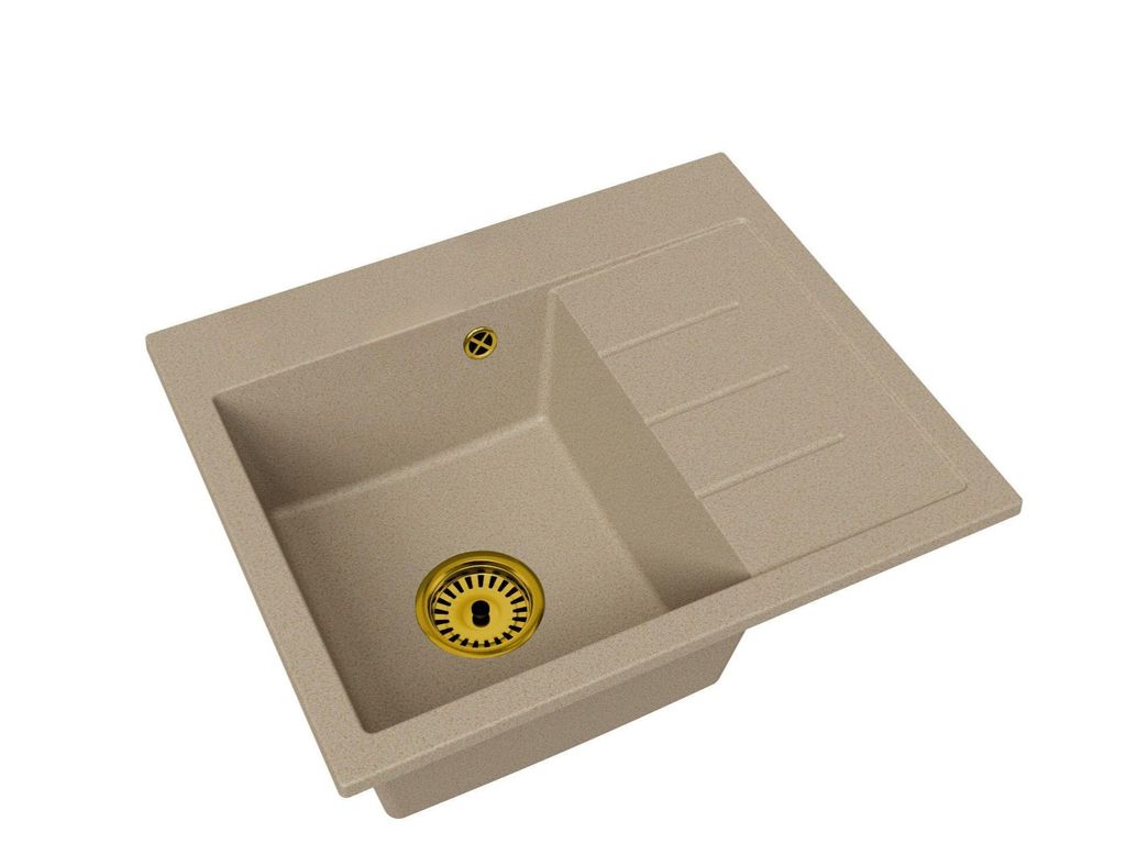 Granitspüle Einbecken EXCLUSIVE 60 Rechts – Beige mit Siphon in Gold