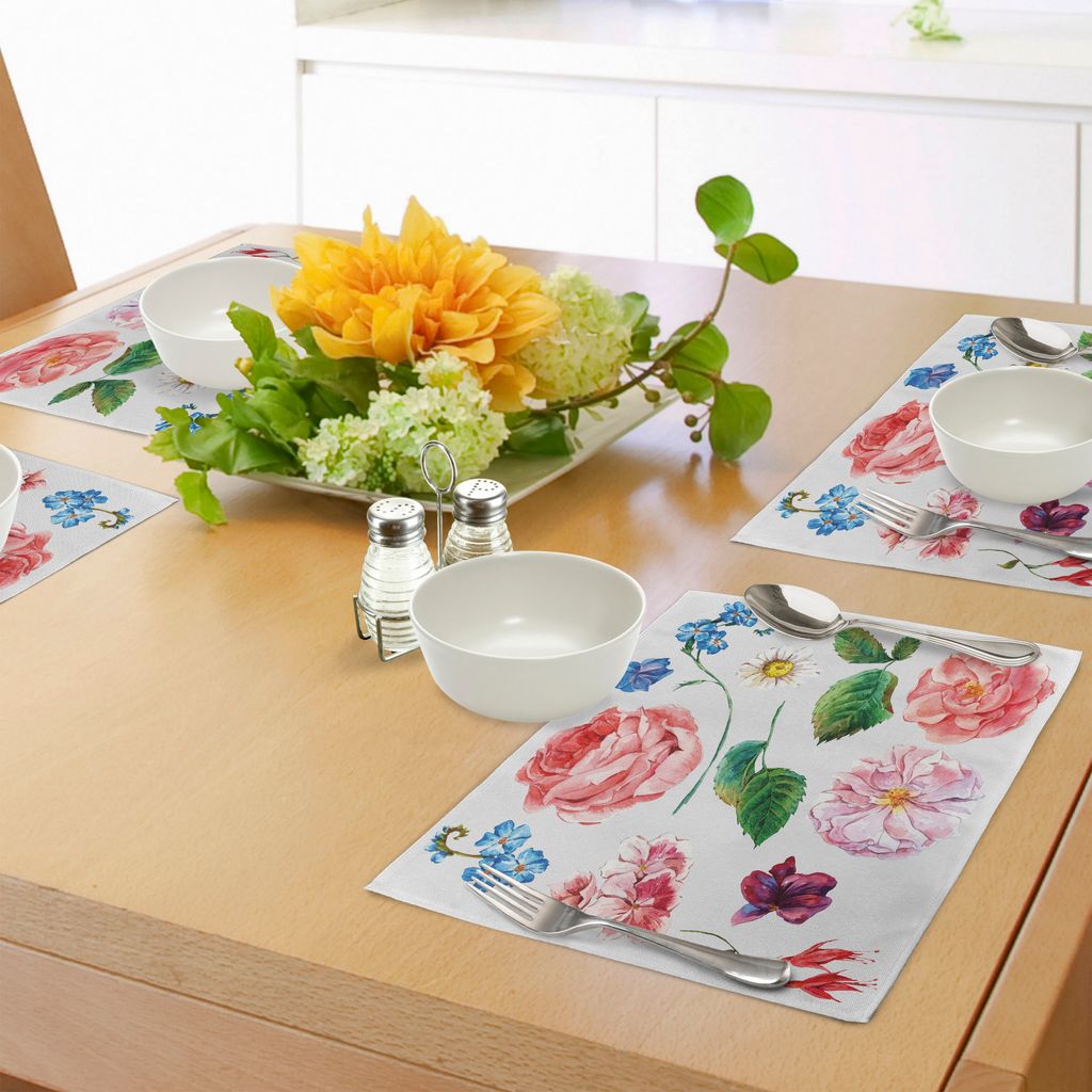 ABAKUHAUS Blumen Platzmatten, Bouquet Set mit Rose Daisy Blütenblätter und Zweige Shabby Chic Vintage Bild, Tiscjdeco aus Farbfesten Stoff für d...
