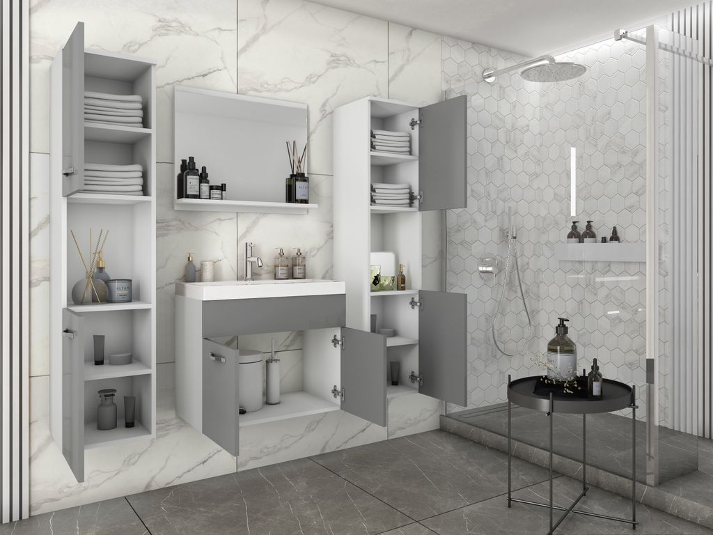 A modern bathroom vanity set with multiple cabinets and a mirror.
