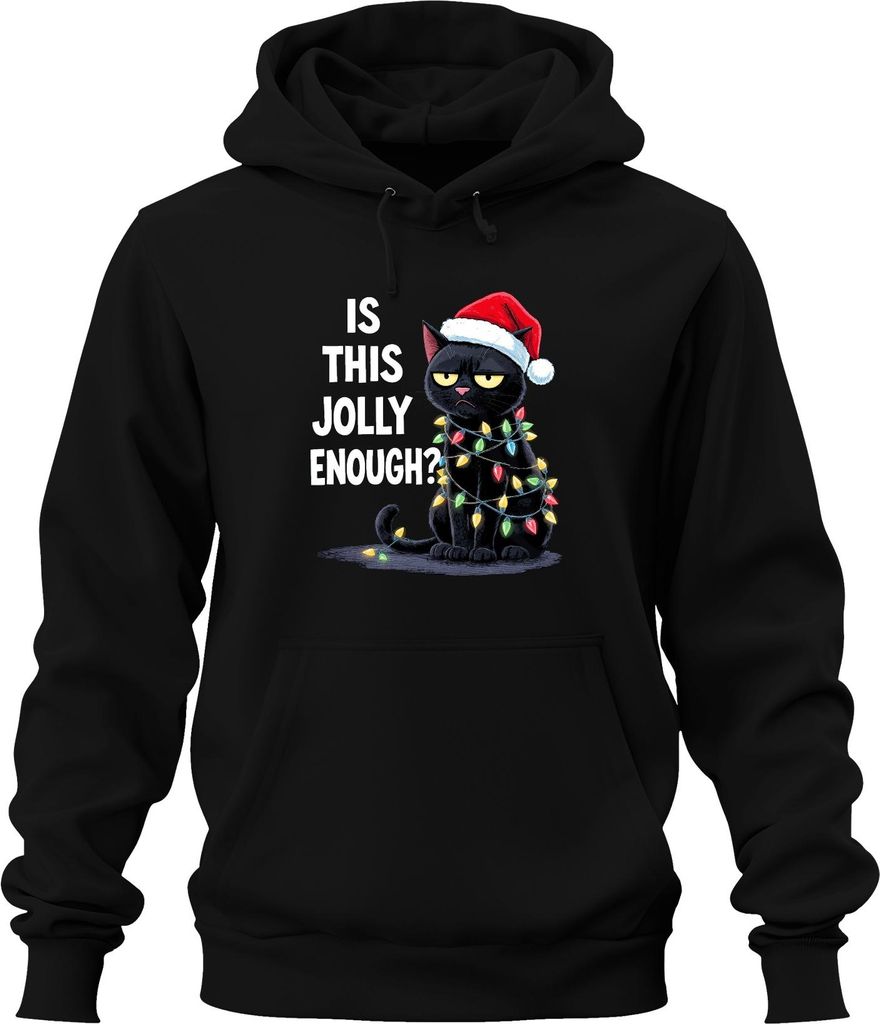 IS THIS JOLLY ENOUGH? weihnachtskatze sarkastisch weihnachtsmütze Uni Hoodie Kapuzenpullover, Schwarz, S