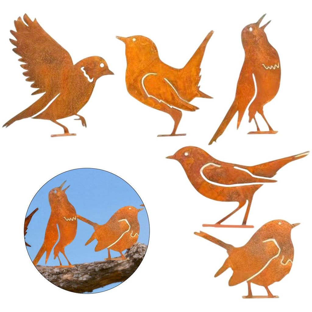 5er-Set rostige Vogel-Deko, Outdoor-Wandvögel, Metallvögel Produktbild 