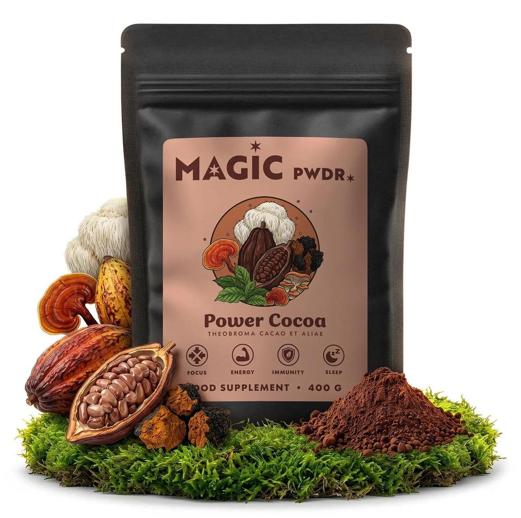 Magic Pwdr Power Cocoa Pulver 400g - Reishi, Chaga und Lion's Mane Pilz Extrakt - Kakao Mischung Für Entspannung, Schlaf, Stressabbau - Ohne Zucker
