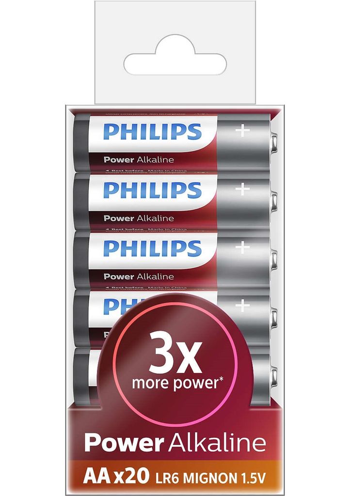 Philips Power Alkaline Akku LR6P20T/10, Einwegbatterie, Alkali, 1,5 V, Rot, Weiß, 14 mm, 14 mm