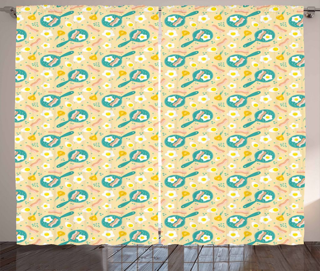 ABAKUHAUS Speck Rustikaler Gardine, Frühstücksei und Speck, Schlafzimmer Kräuselband Vorhang mit Schlaufen und Haken, 280 x 175 cm, Mehrfarbig