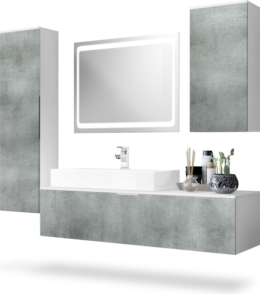 Vladon Badmöbel Komplettset Beach, Germany, Korpus in Weiß matt / Fronten in Beton Dunkel, mit LED Spiegel, Aufsatzwaschbecken und Armatur