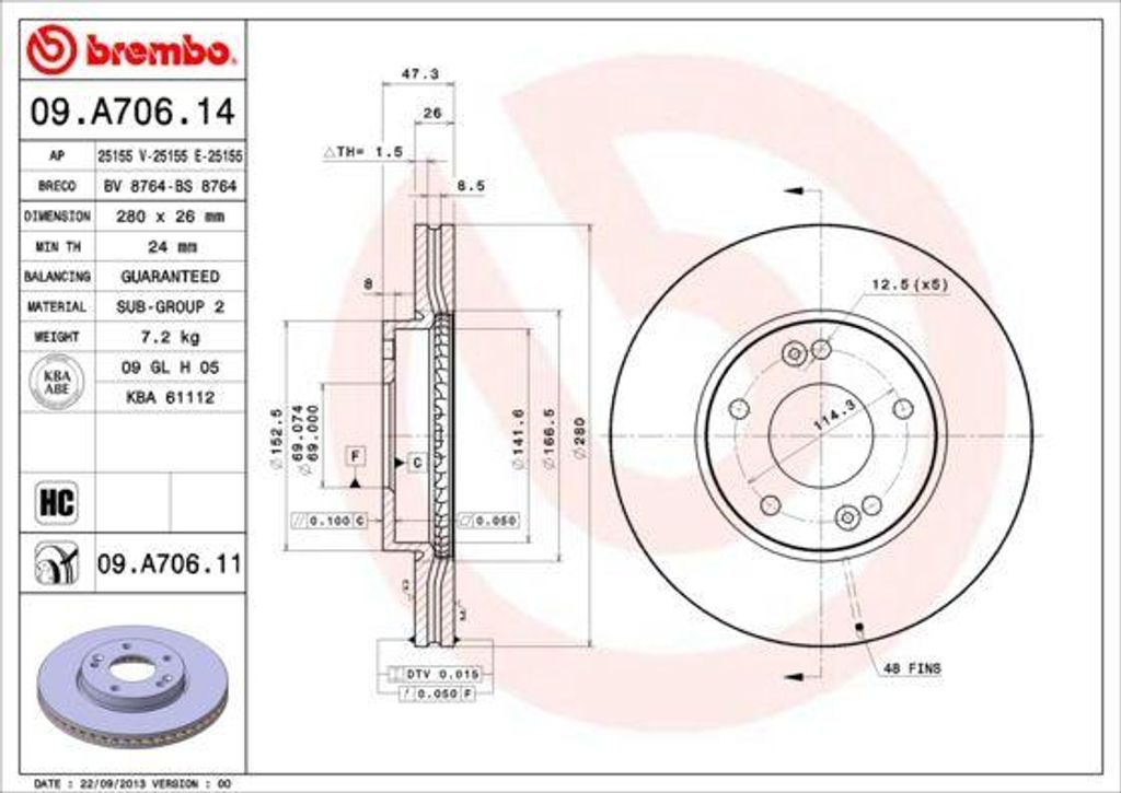 BREMBO 09.A706.11 Bremsscheibe OE 517121D100 kompatibel mit Carens