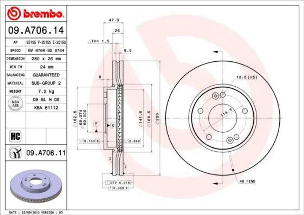 Brembo 09.A706.11 Disque de Frein OE 517121D100 pour Kia Carens III