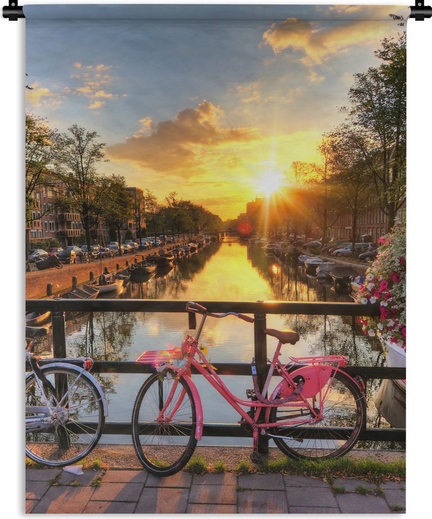 MuchoWow Wandteppich Wandbehang Amsterdam - Blumen - Brücke - Fahrrad - Sonnenuntergang 120x160 cm Tapisserie Dekoration Wandtuch - Wohnzimmer -...
