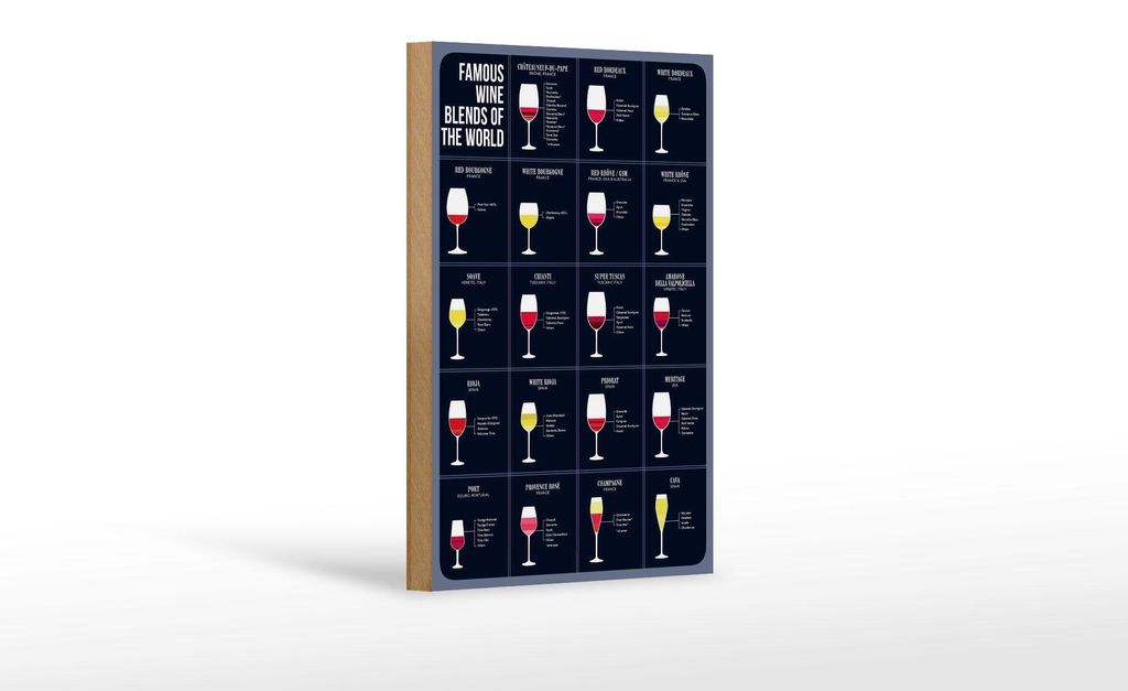 Holzschild Alkohol 12x18 cm Famous wine blends of the world Deko Schild