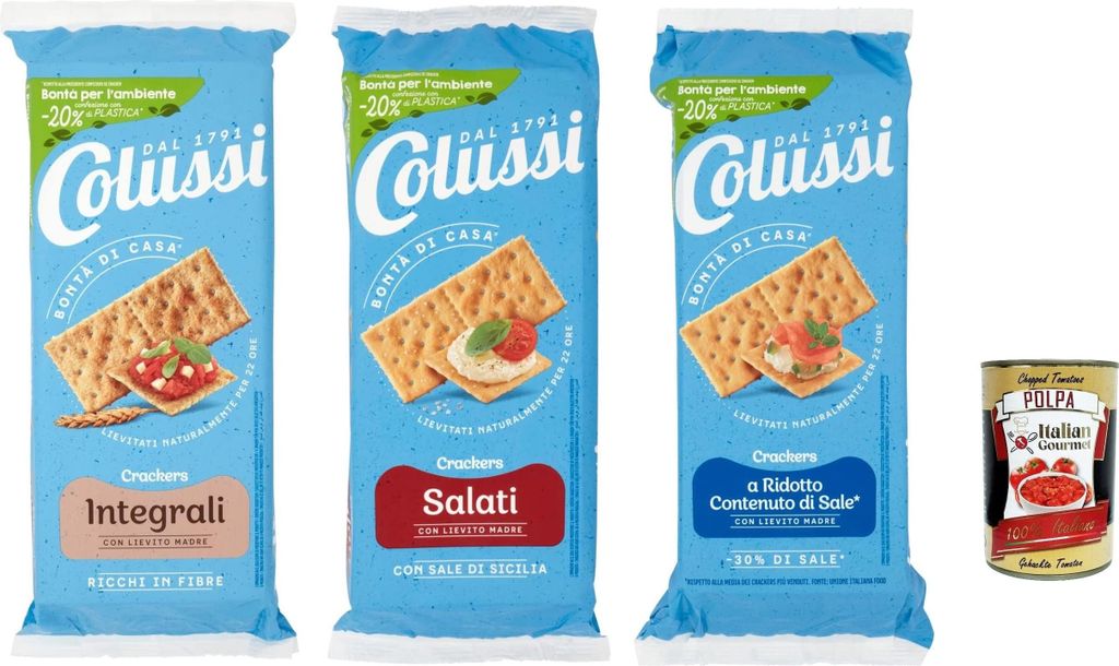 Colussi crackers Testpaket salati, -30% integrali 3x 500g + Italian gourmet polpa 400g