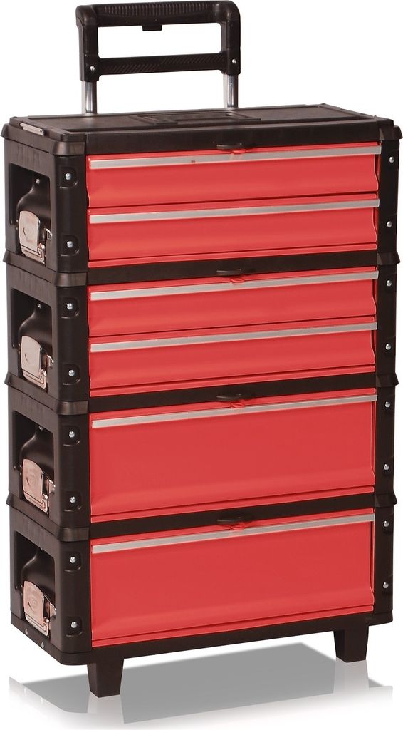A red and black rolling tool chest with multiple drawers.