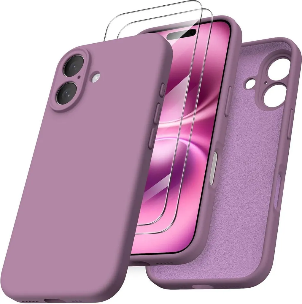 Kit Protezione iPhone 16 Viola Lilla: Silicone Liquido e 2 Vetri