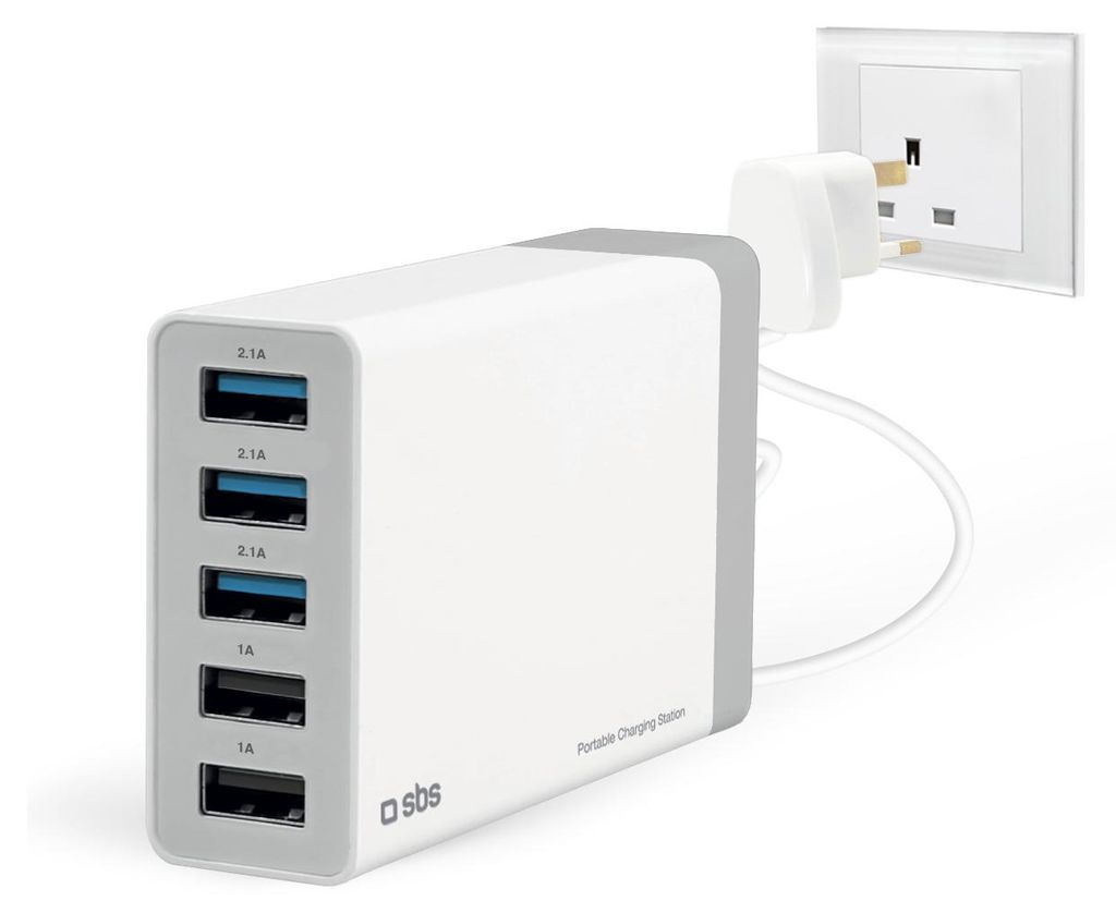 Wandladegerät mit UK-Stecker, Ladestation mit 5 USB-A-Ausgängen, davon 3 mit Schnellladefunktion