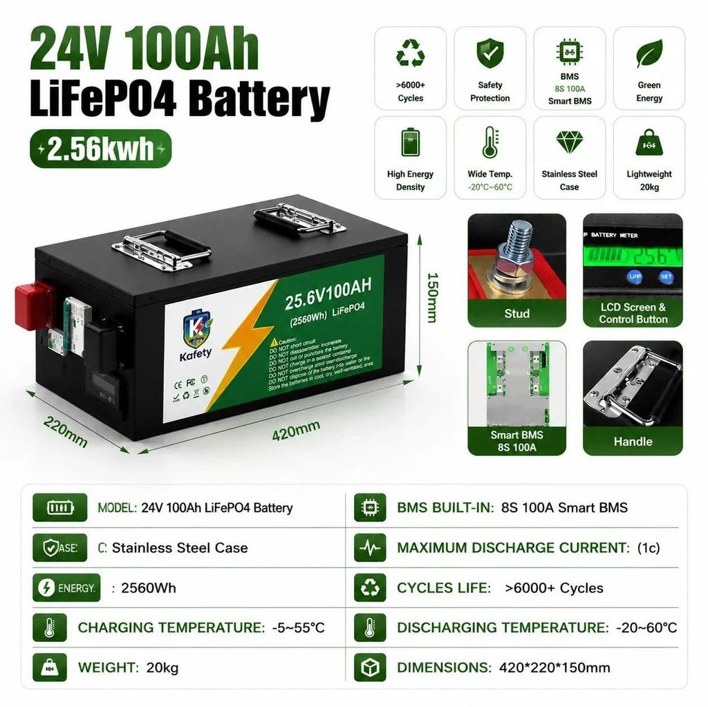 LiFePO4 Batterie - 24V 100Ah Deep Cycle - 2560Wh Energiespeicher - 6000+ Zyklen - integriertes 100A BMS - für Solaranlage Wohnmobil Golfcart