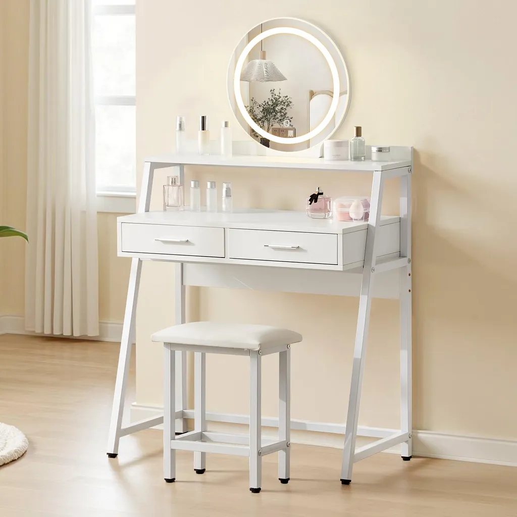 Coiffeuse design en fer avec miroir rond et double tiroir de confort