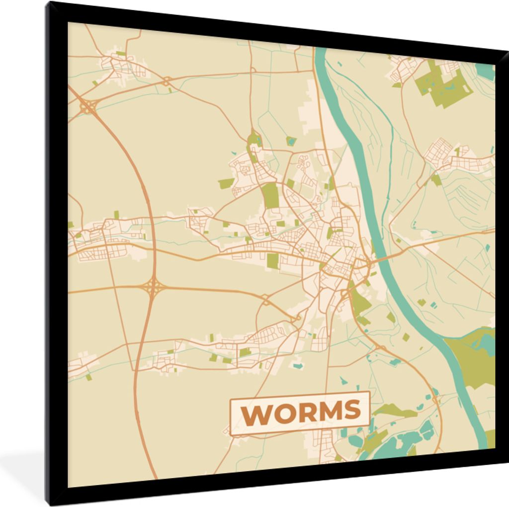 MuchoWow Gerahmtes Poster Karte - Worms - Vintage - Stadtplan 40x40 cm - Poster mit Schwarzem Bilderrahmen Wandposter Rahmen Foto Bilder - Mit Ra...