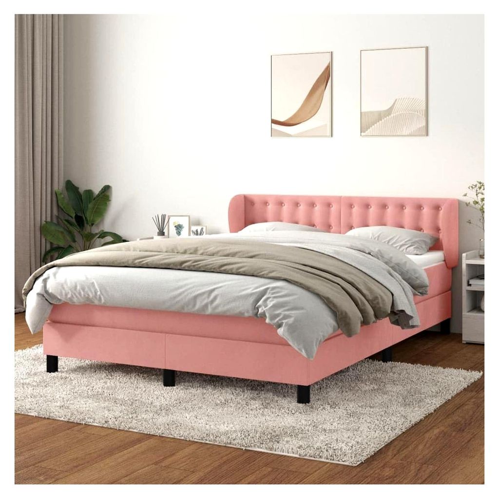 Lattenrost mit Matratze, Rosa, 140 x 190 cm, Velours, Plattform, mit Lattenhalter, einfache Montage, für Schlafzimmer, Erwachsene