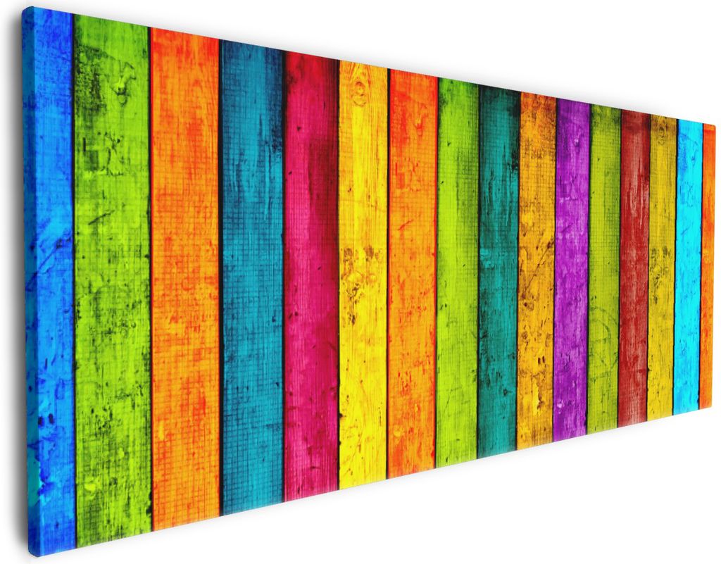Wallario Premium Leinwandbild Buntes Holz - bunte Streifen mit Farbe und Holzstruktur in Größe 50 x 125 cm