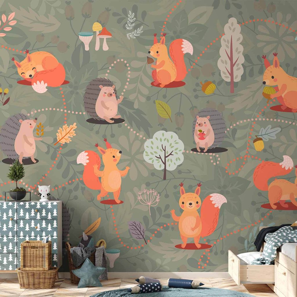 Vlies Fototapete - Friends from the forest - colourful forest with mushrooms and animals for children 150x105 cm Für Kinder g-C-0368-a-a