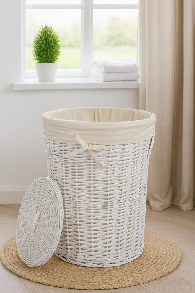 Wäschekorb Weide weiß rund 60L mit Bezug und Deckel