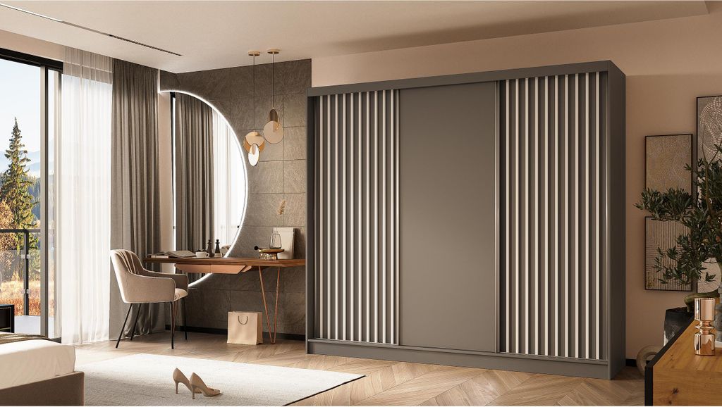 Kleiderschrank mit Lamellen LINEA 240 cm Grauer Schiebekleiderschrank mit weißen Lamellen an der Front Glatter dreitüriger Kleiderschrank mit Lam...