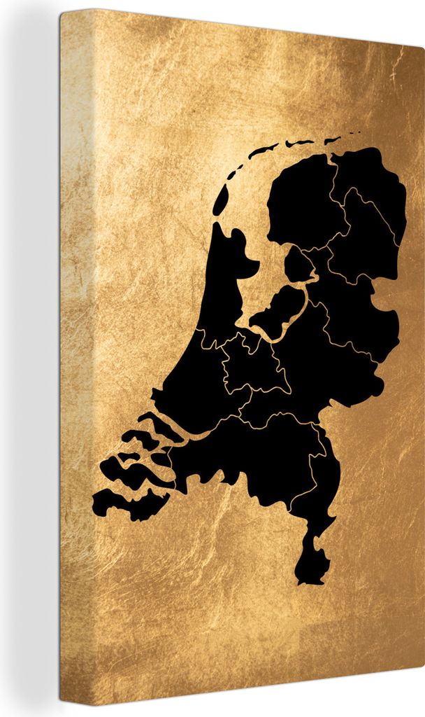 OneMillionCanvasses - Leinwandbilder - 90x140 cm, Karte Niederlande - Schwarz - Gold, Wandbilder Kunstdruck Wanddekoration - Wandschmucke - Schla...