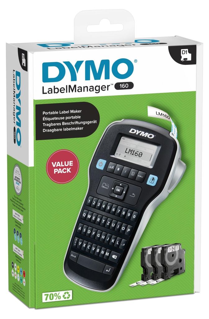 The image shows the retail packaging of a DYMO LabelManager 160 portable label maker.