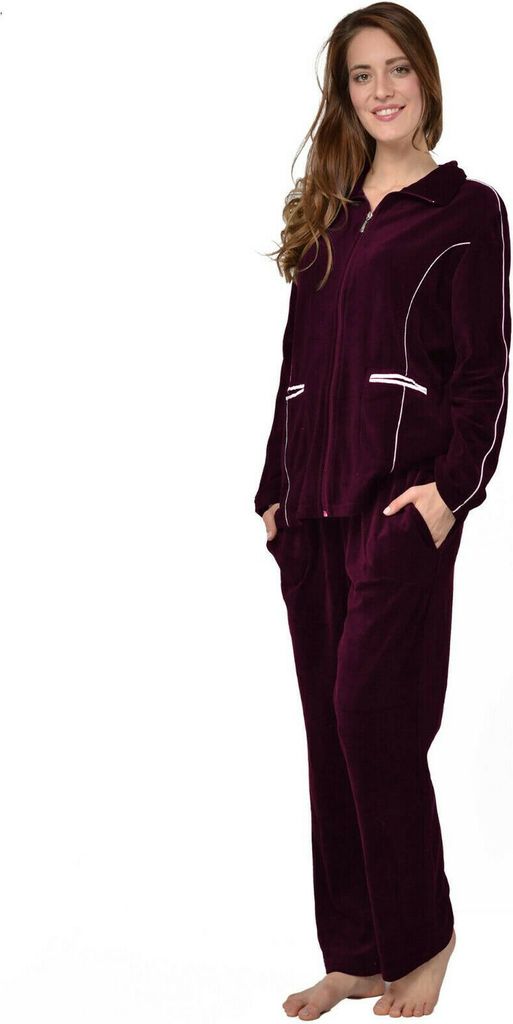 RAIKOU Damen Baumwolle Schlafanzug 36/38 Velours Freizeitanzug mit Reißverschluss Brombeer