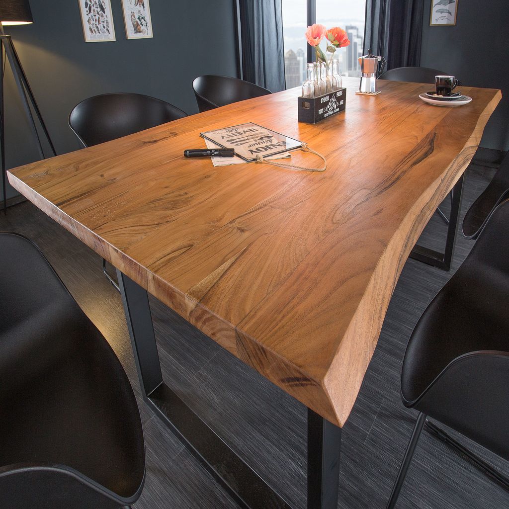 riess-ambiente Massivholz Esstisch MAMMUT 200cm Akazie 3,5cm Tischplatte Baumkante Metall schwarz Esszimmertisch Tisch Konferenztisch