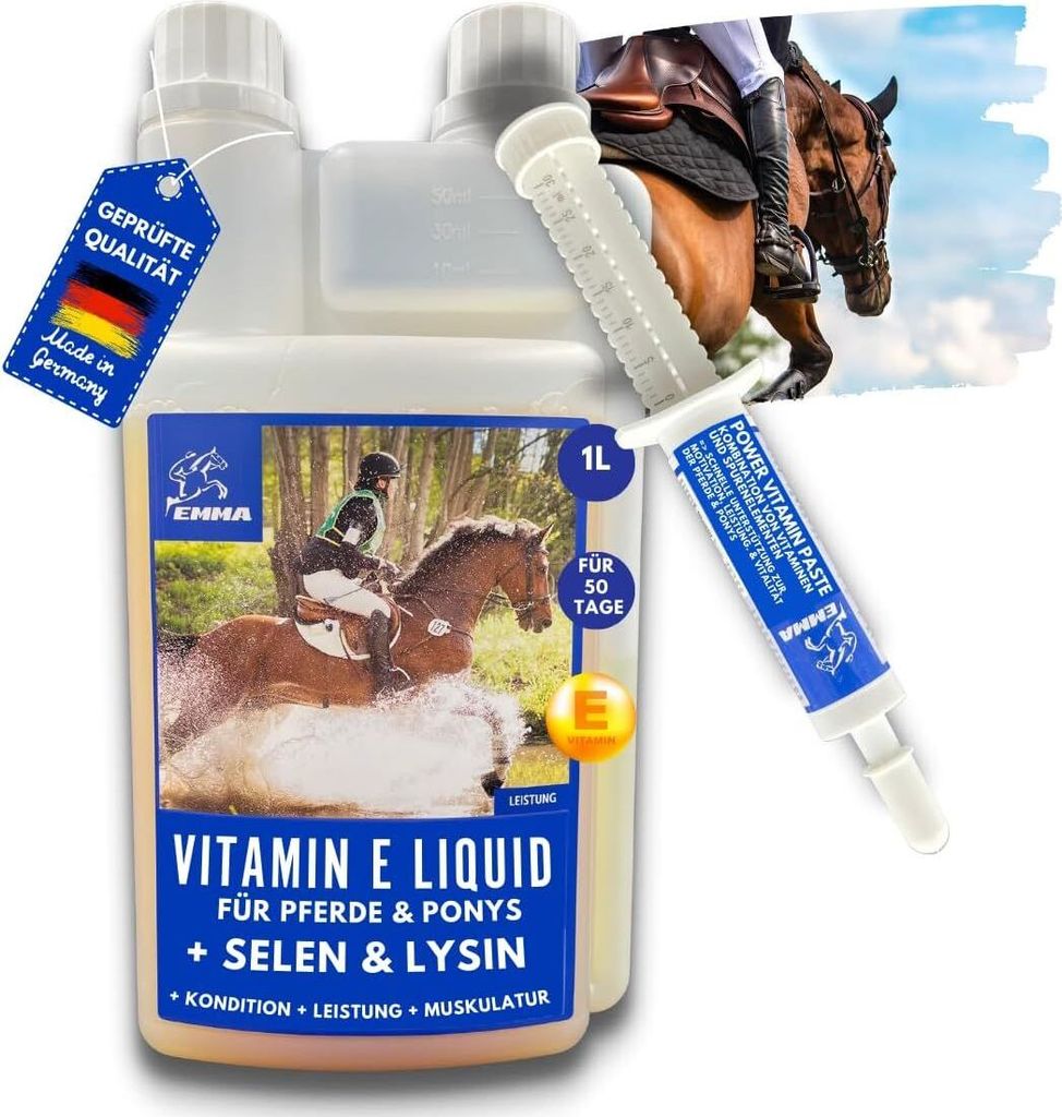 EMMA Vitamin E Selen Lysin für Pferde 1L Selen Pferd Lysin Pferd VIT E Zusatzfutter Energy Booster Muskulatur Muskelaufbau Pferd Aufbaufutter Senior
